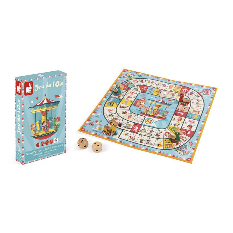 Gioco dell'oca con pedine e dadi in legno, il più grande classico dei giochi da tavolo, dai 2 ai 4 giocatori